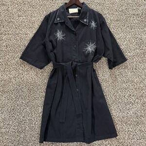 VTG Fortune by Stan Black Studded Atomic Starburst Shirt Dress‎ Belted 80s 90s